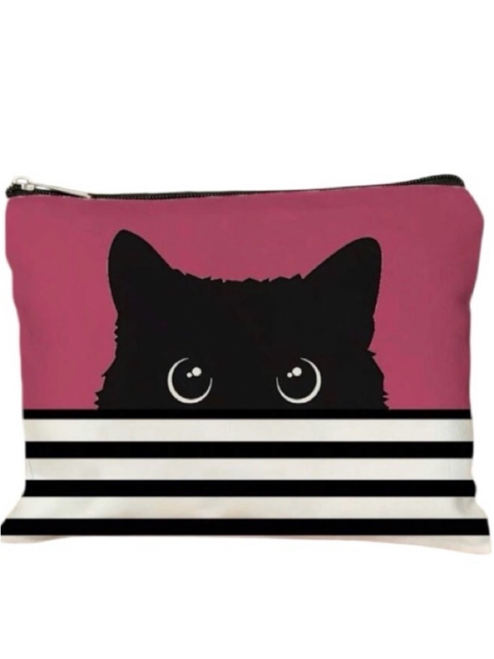 Black Cat Peek Makeup Bag Canvas Cosmetic Travel Pouch Striped Double Sided NWOT